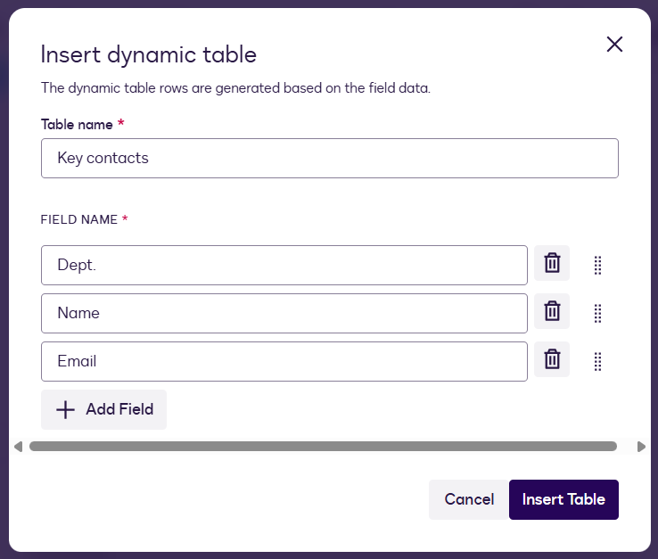 Insert a Dynamic Table