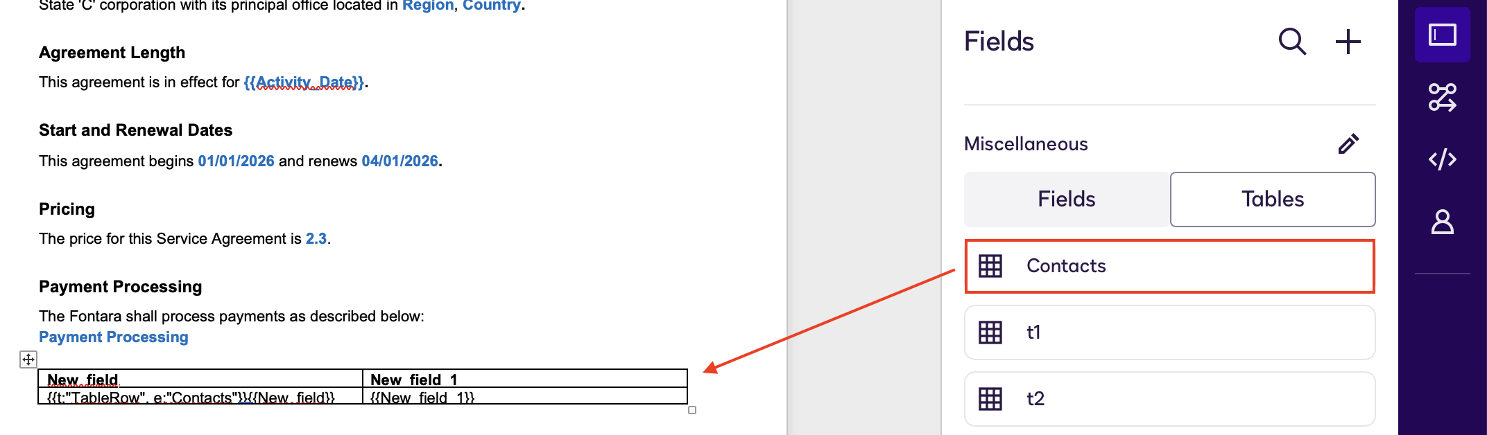 Create a Dynamic Table in the Template Assistant