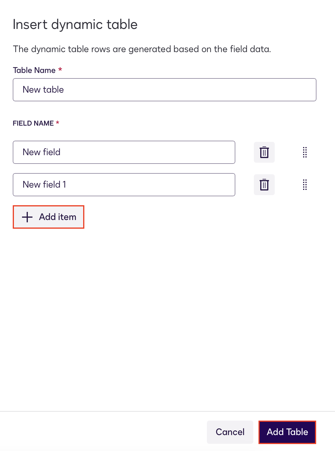 Create a Dynamic Table in the Template Assistant