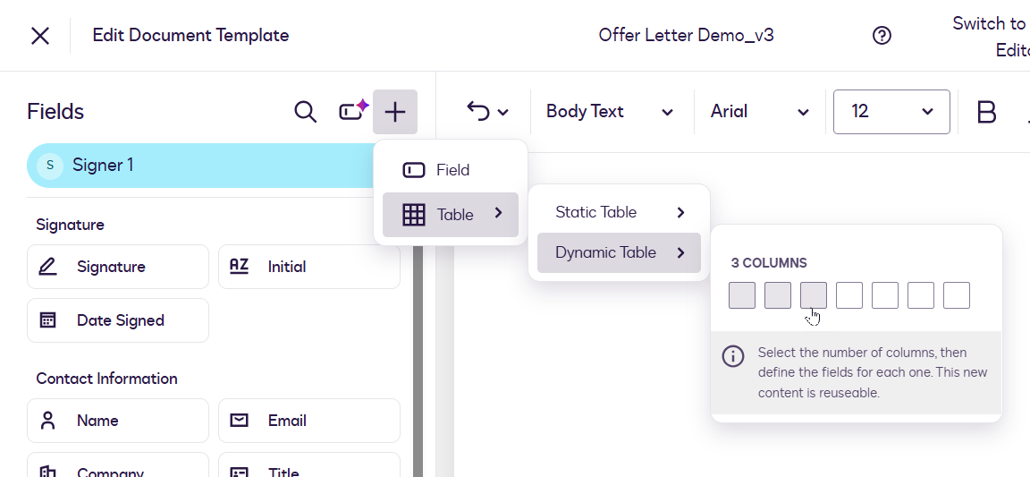 Insert a Dynamic Table