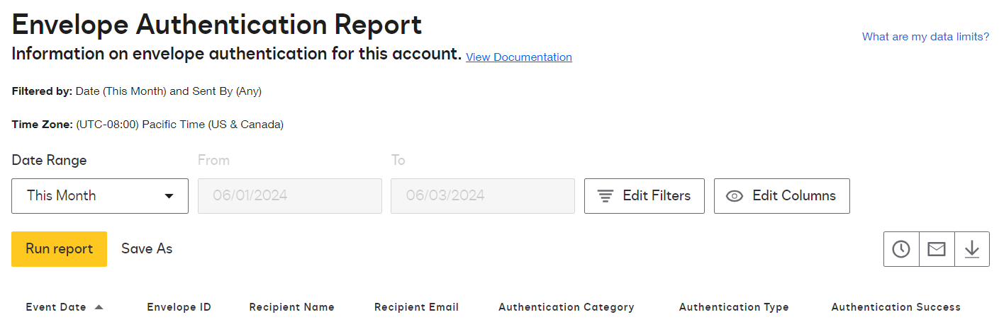 Envelope Authentication Report