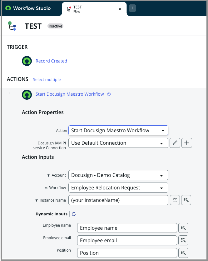 Add a Start Docusign Maestro Workflow Action to a ServiceNow Flow
