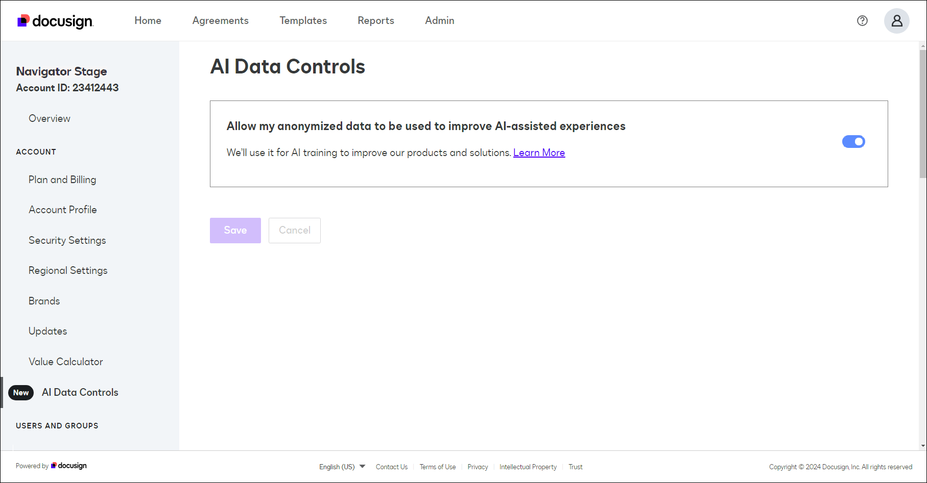 A screenshot of the Docusign Admin: AI Data Controls view that shows the setting is turned on.