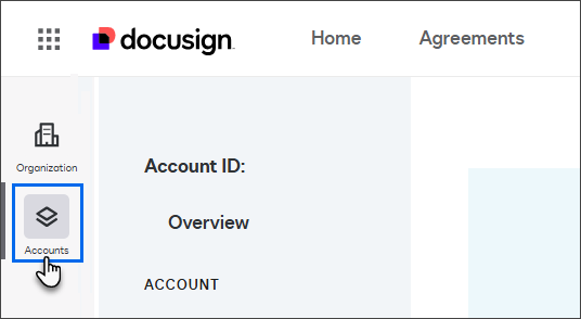A snippet of the Docusign Admin page that highlights the Accounts option in the pane on the left.
