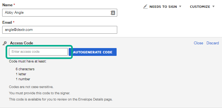 Add an Access Code for a Recipient