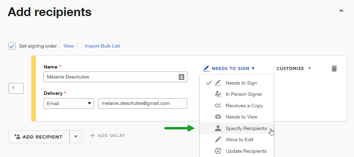 For Recipient Set Up an Envelope with a Specify Recipients Manager