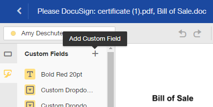 Screenshot of the Custom Fields panel in the Add Fields view. The icon to add a new custom field is highlighted.