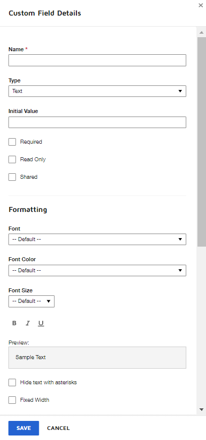 Screenshot of the Custom Field Details window where you define all the field properties.