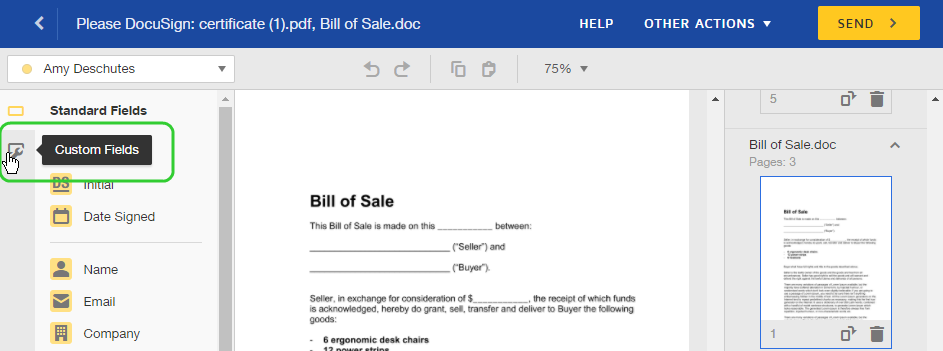 Screenshot of the Add Fields view with the icon for Custom Fields highlighted.