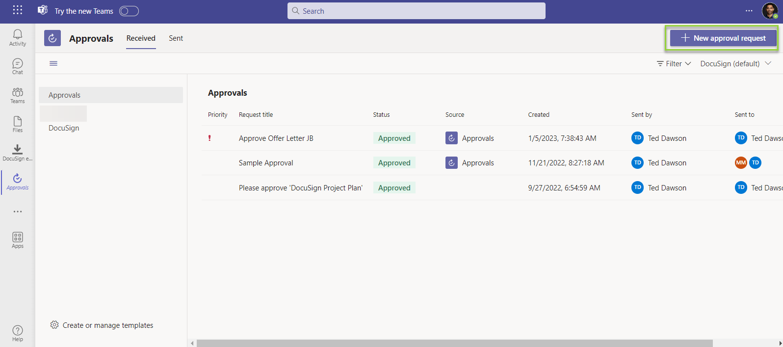 Request an approval with docusign for microsoft teams approvals
