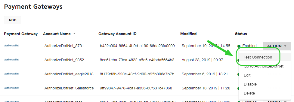 Test the Connection to a Payment Gateway Account