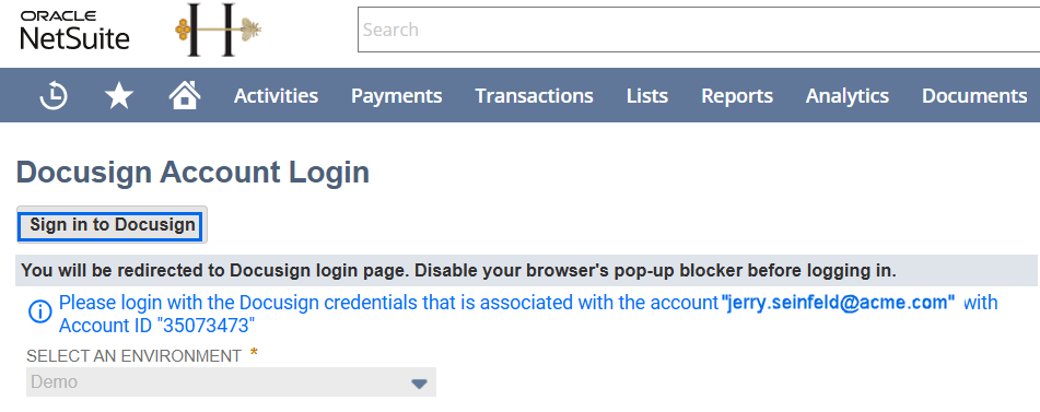 Log in to NetSuite and Grant Consent to Access Docusign Capabilities