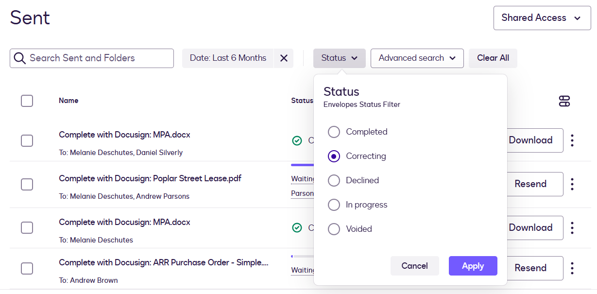 Select Status Locate Envelopes in Correcting Status
