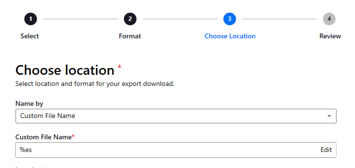 Screenshot showing the custom file name field populated with the default entry for the email subject.