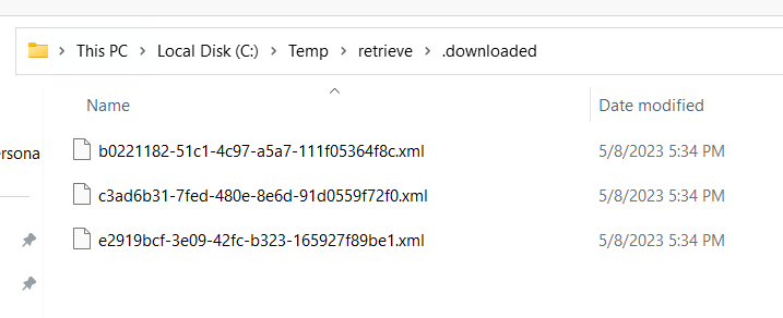 Screenshot of Example xml files within the .downloaded folder.