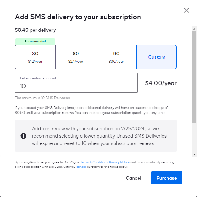 The screenshot shows the Add SMS delivery to your subscription window.