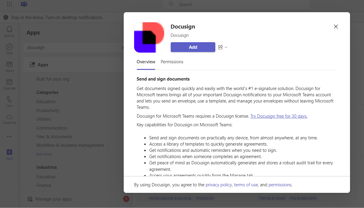 Install Docusign for Teams
