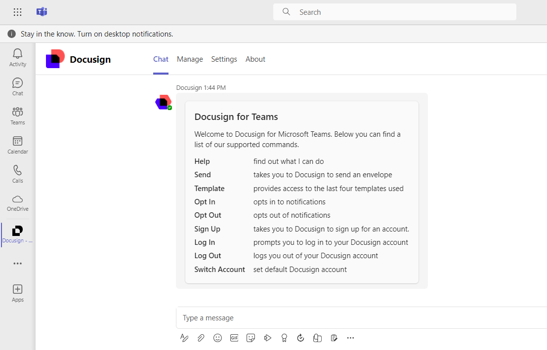 Use the Docusign Chatbot Commands in Teams