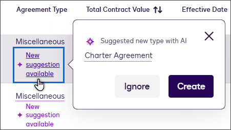 A snippet of the agreement list table that shows a suggested custom agreement type for a Miscellaneous document.