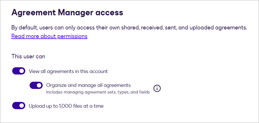 A screenshot of the Navigator access section that shows the available permission levels for Navigator agreements.