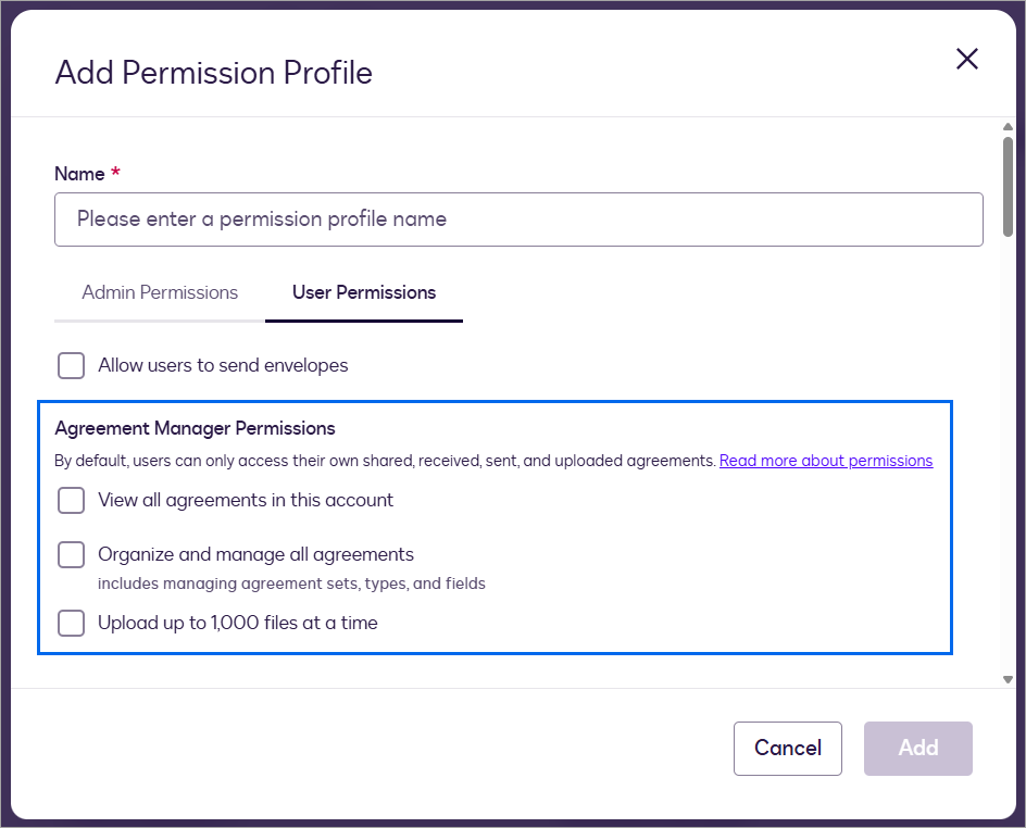 A screenshot of the Add Permission Profile dialog box that highlights the available Navigator Permissions.