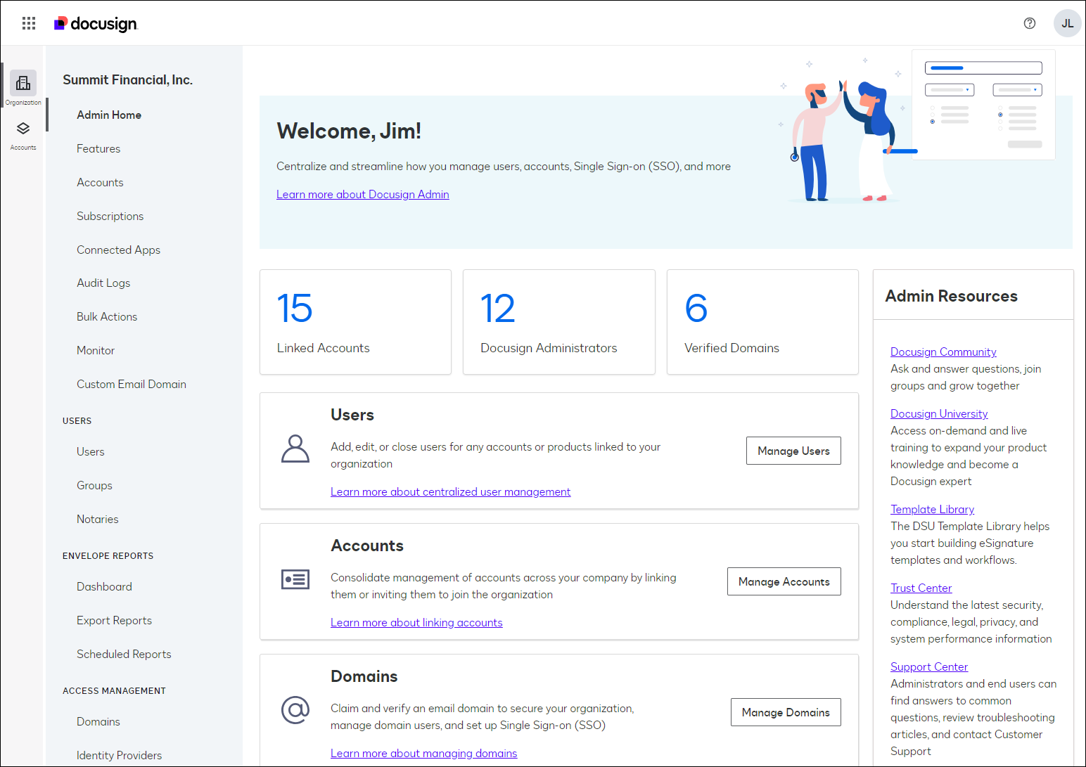 The Docusign Admin Home Page