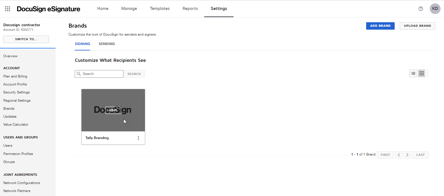 A screenshot of the Brands page. The cursor is hovering over a brand tile and the Edit button displays.