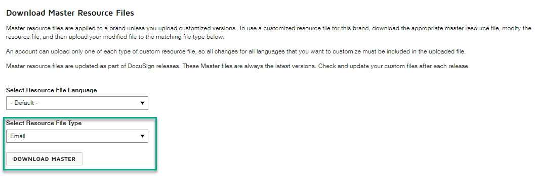 A screenshot of the Download Master Resource Files page.