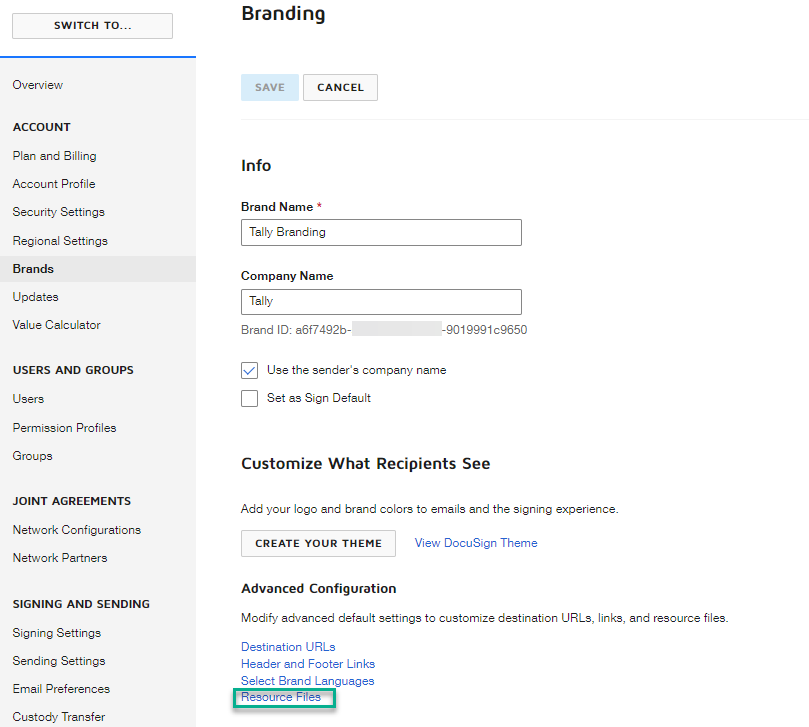 A screenshot of the details page for a brand. The Resource Files link at the bottom is highlighted.