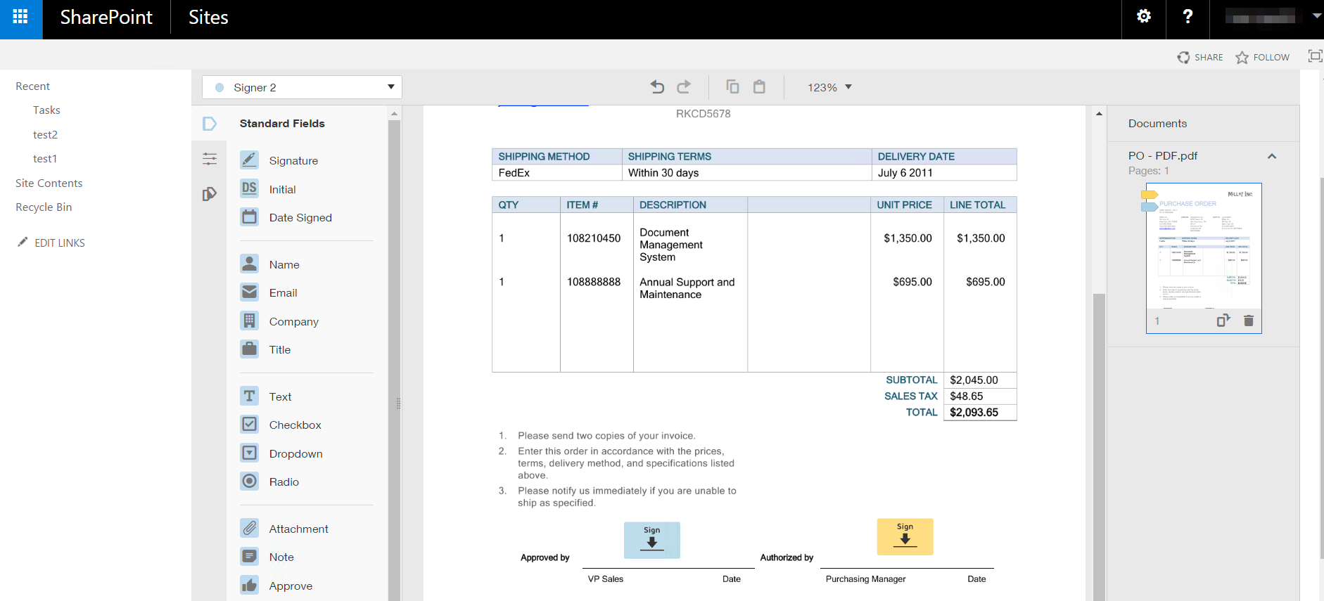 Send Documents with Docusign for SharePoint On-Premises