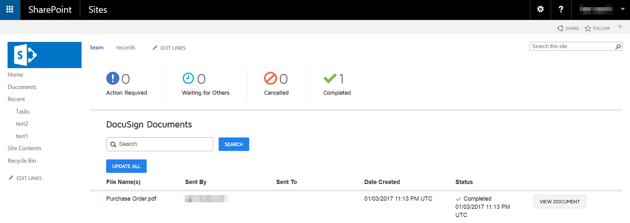 Check the Status of Sent Documents From Docusign for SharePoint On-Premises