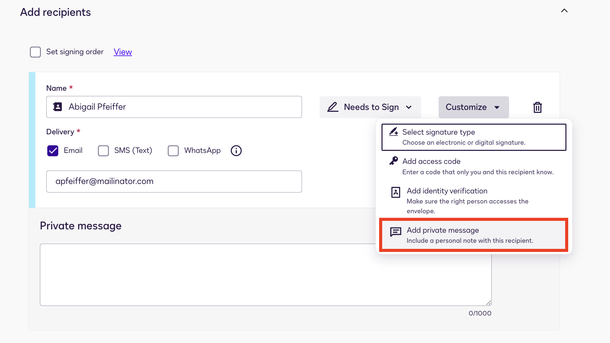 Add Private Messages to Individual Recipients