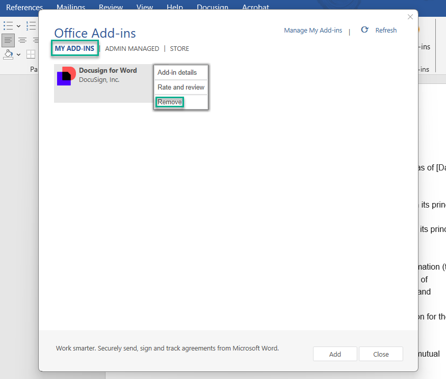 Uninstall Docusign for Word
