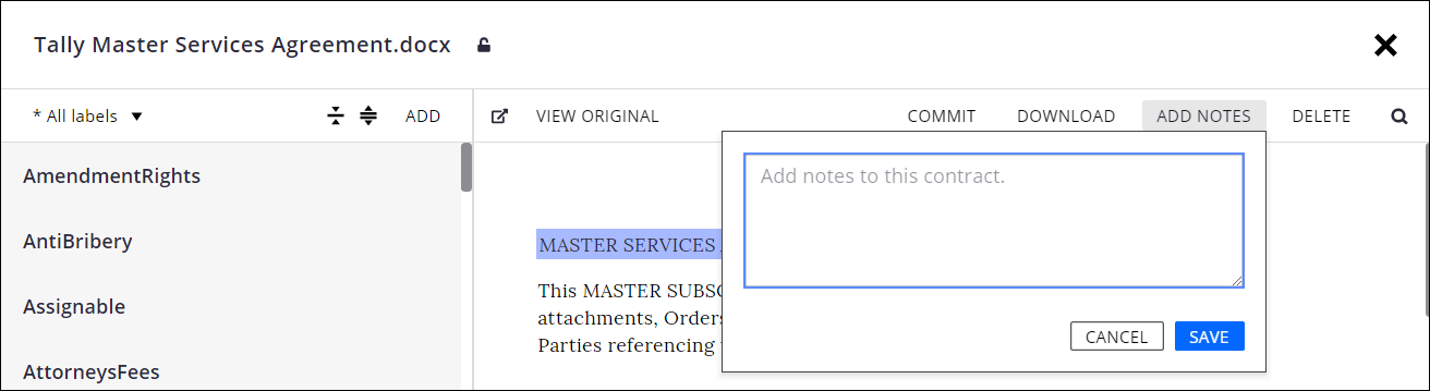 Add Notes to the Contract from the Document View Panel