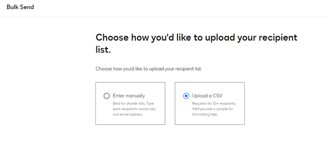 The Choose how you'd like to upload your recipient list dialog box, with 'Upload a CSV' option selected.