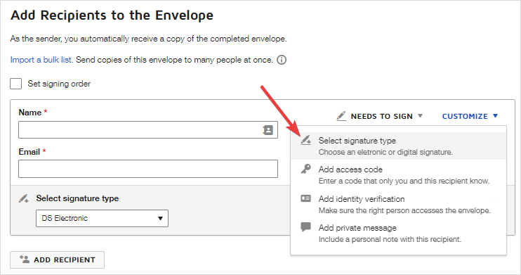 Choose Send Sign Sending a Document Using a Docusign EU Advanced Signature