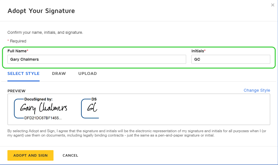 Signature Dialog Box Adopt Your Signature