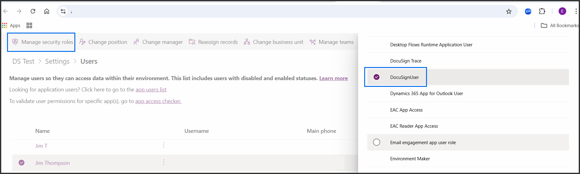Assign the 'DocuSignUser' Role to Microsoft Dynamics 365 Users